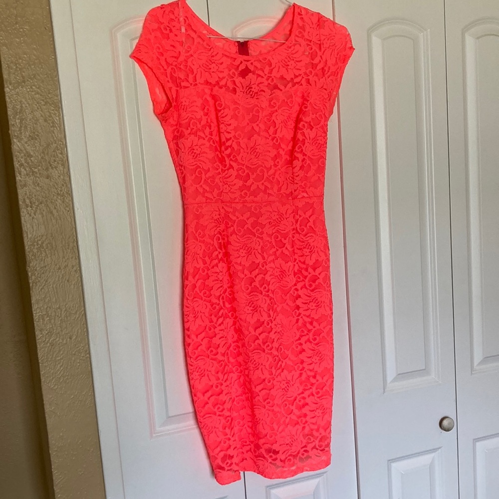 Neon coral lace fitted dress. La Scala large. Made in USA